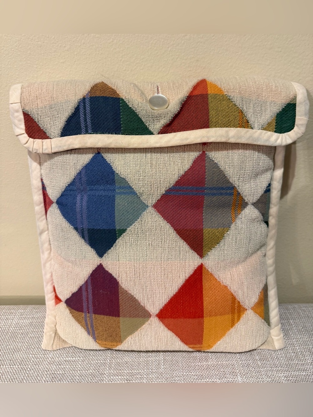 Vintage 70s Rainbow Argyle Tapestry Envelope Pouch Cushion Pillow 11" x 11"